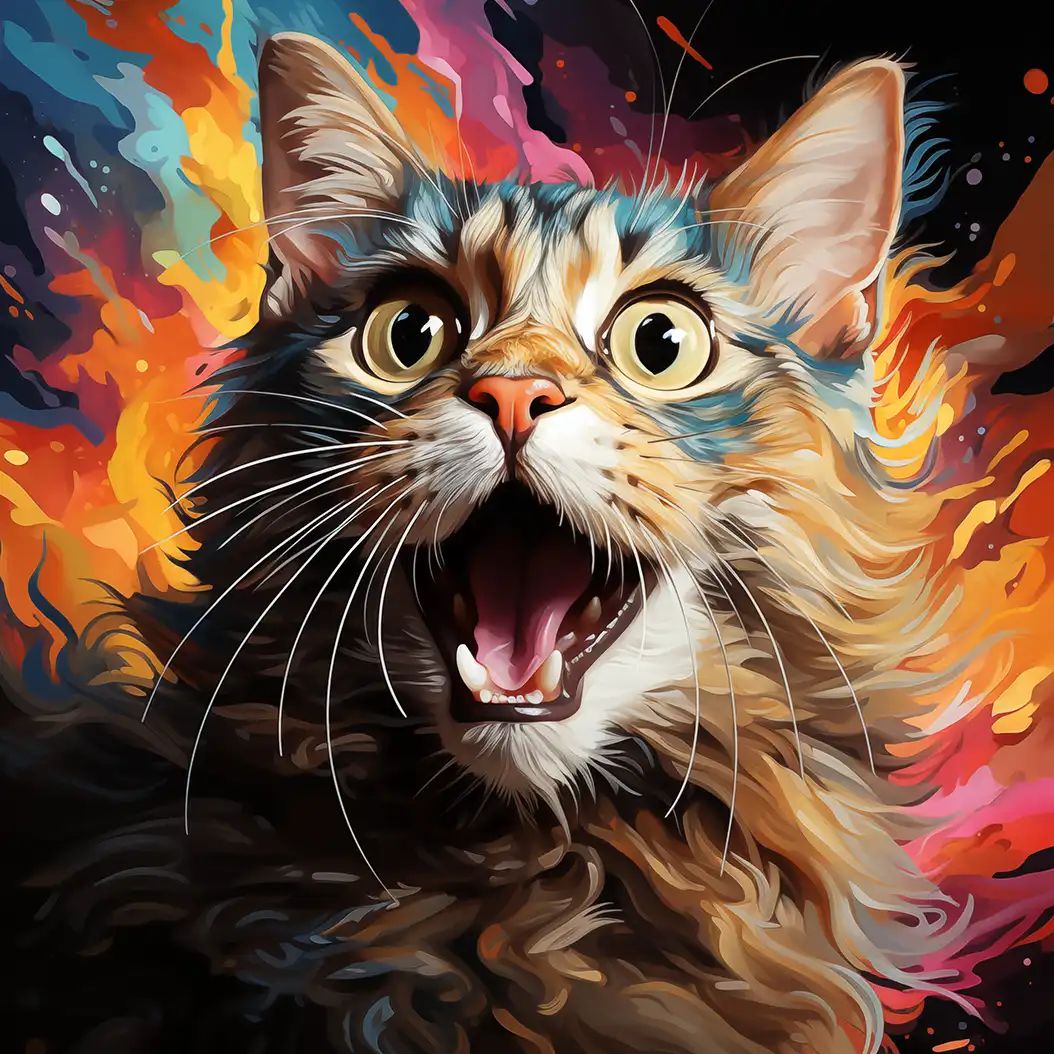 Digital illustration of a wide-eyed cat with an open mouth surrounded by vivid splashes of orange, blue, and pink paint.