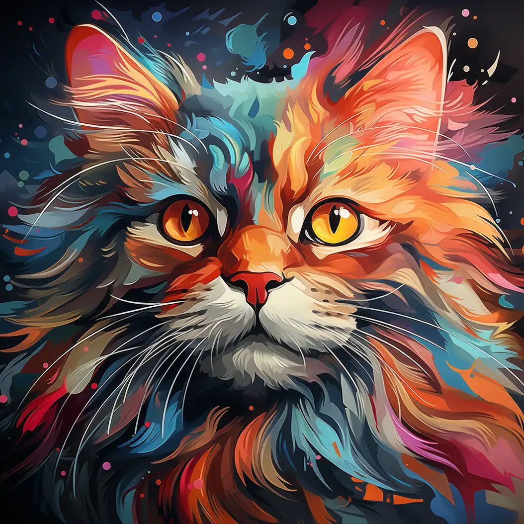 Vivid digital illustration of a fluffy cat's face with fiery orange, blue, and pink fur and glowing yellow eyes.