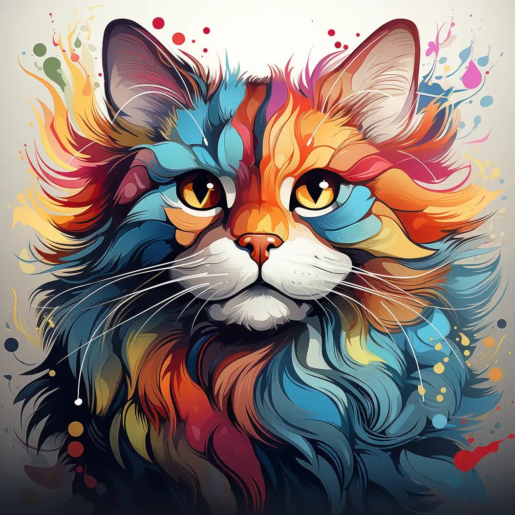 Vibrant digital illustration of a cat's face with multicolored fur in blue, orange, pink and red hues against a splattered background.