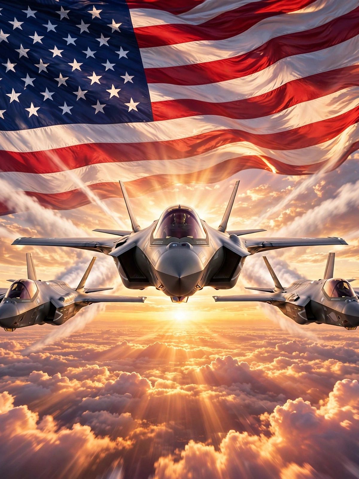 Three F-35 fighter jets flying in formation through a sunrise sky with the American flag above them and clouds below