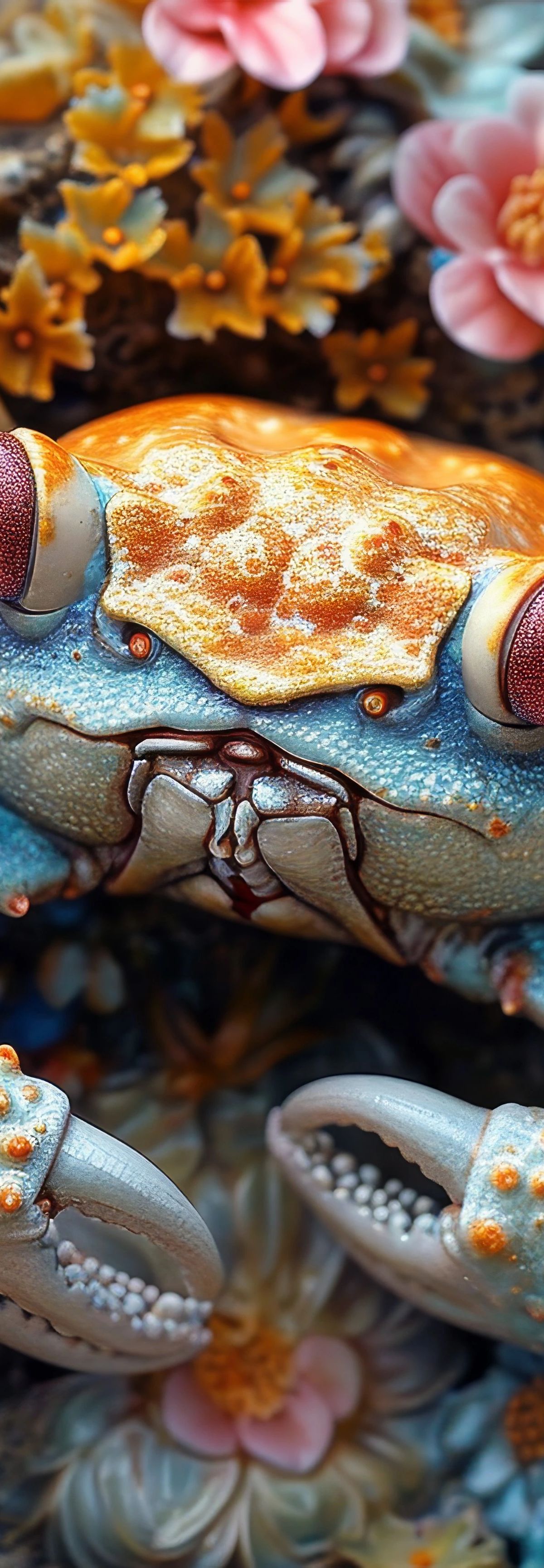 A colorful fiddler crab with blue body, orange spots, and large red eyes surrounded by pink peonies and golden flowers