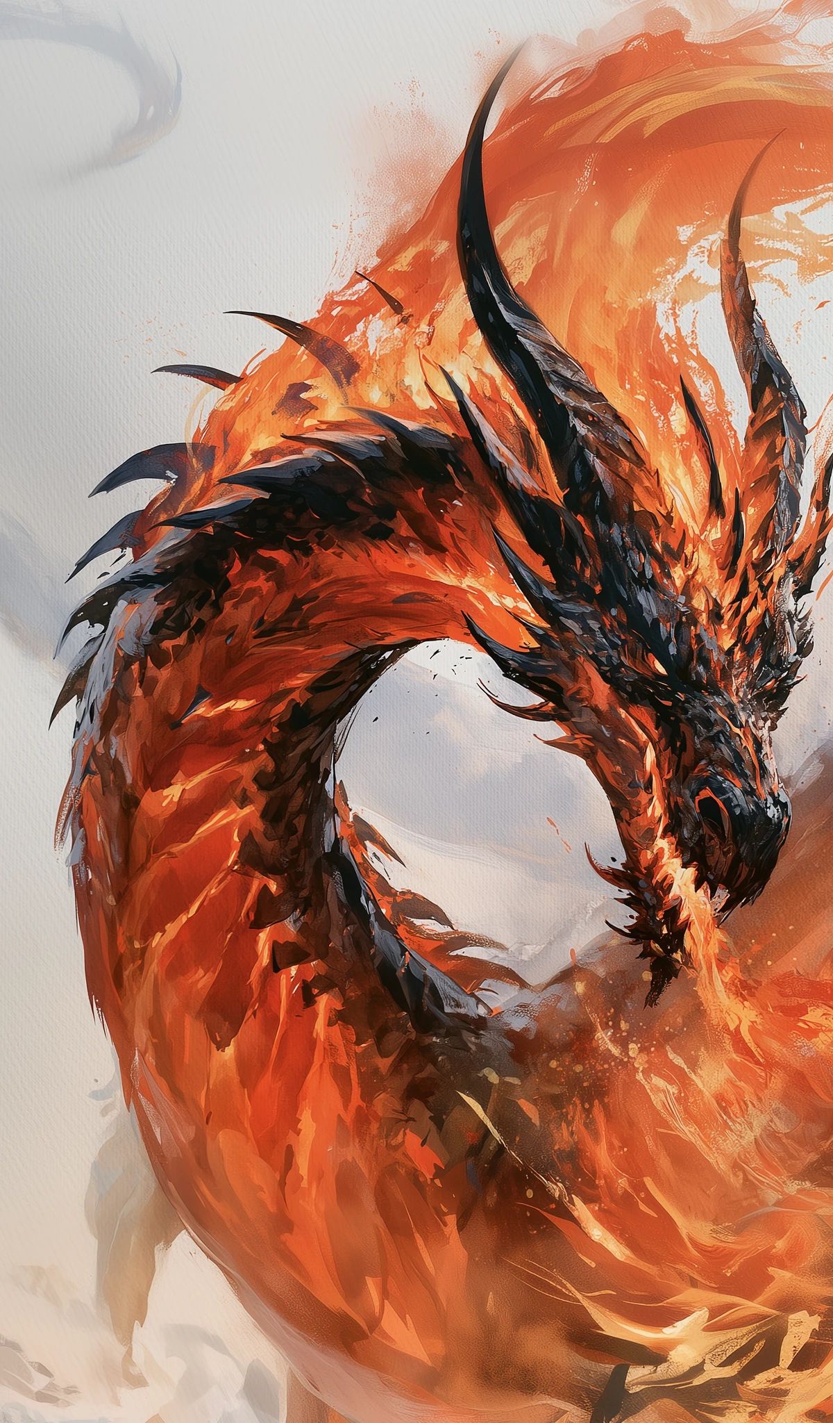 A fantasy illustration of a fierce dragon with curved horns engulfed in orange and red flames against a misty gray background