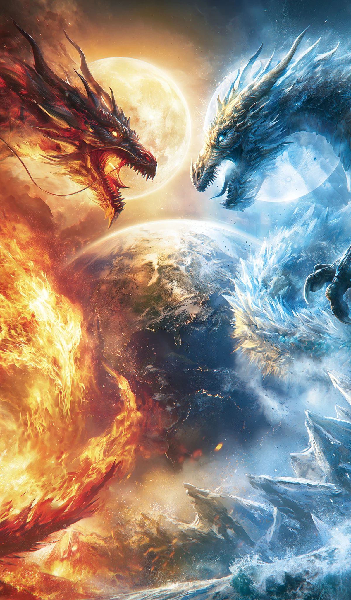 A fire dragon wreathed in red and orange flames faces an ice dragon made of blue crystals, with planets and moons in the background during an elemental confrontation.