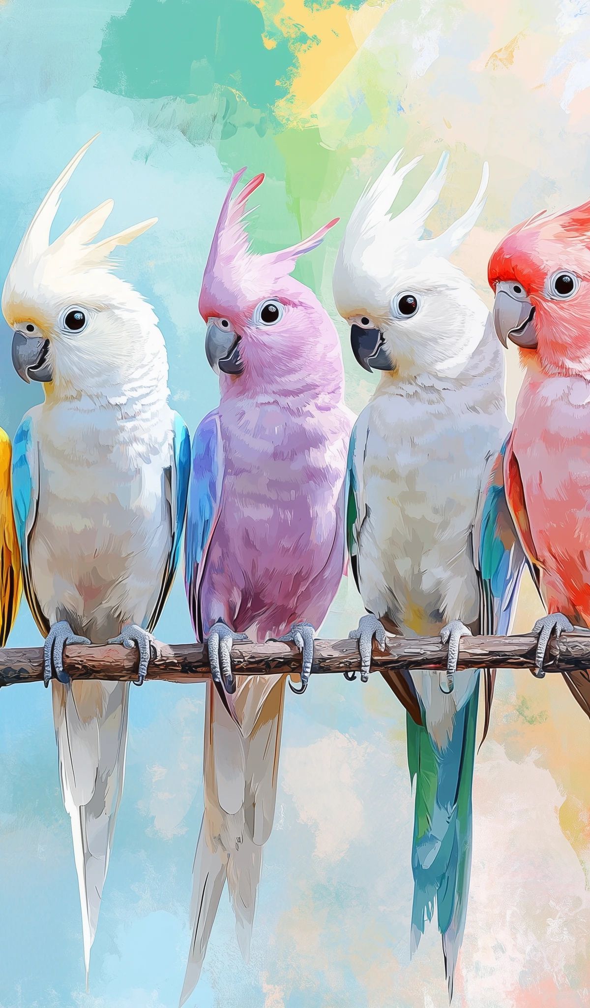 Five colorful cockatoos with raised crests sitting side by side on a wooden branch against a soft rainbow-colored background