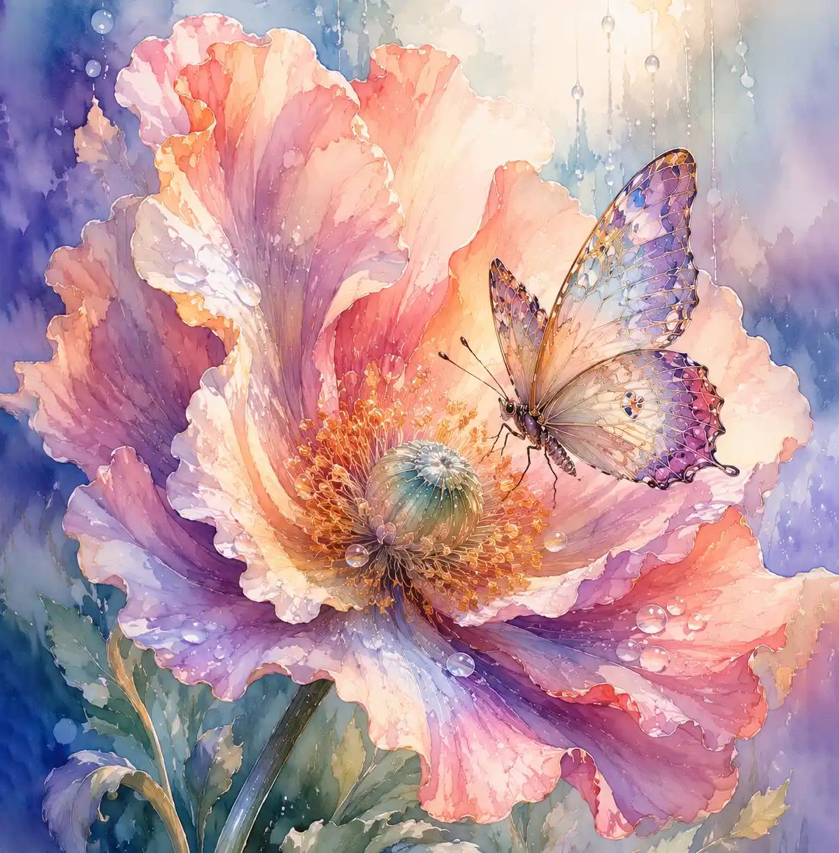 A beautiful watercolor illustration of a pink poppy flower with a butterfly perched on its petals, adorned with water drops.