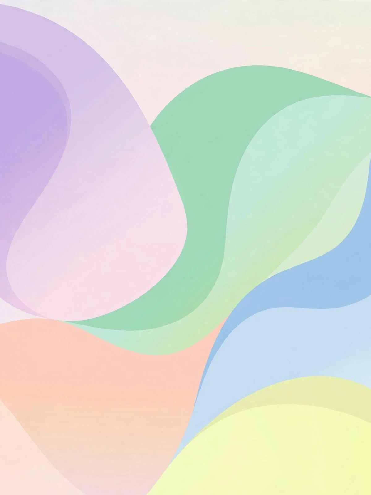 Abstract artwork featuring flowing waves in soft pastel colors—purple, green, peach, and blue—with layered organic shapes creating a fluid, wave-like pattern