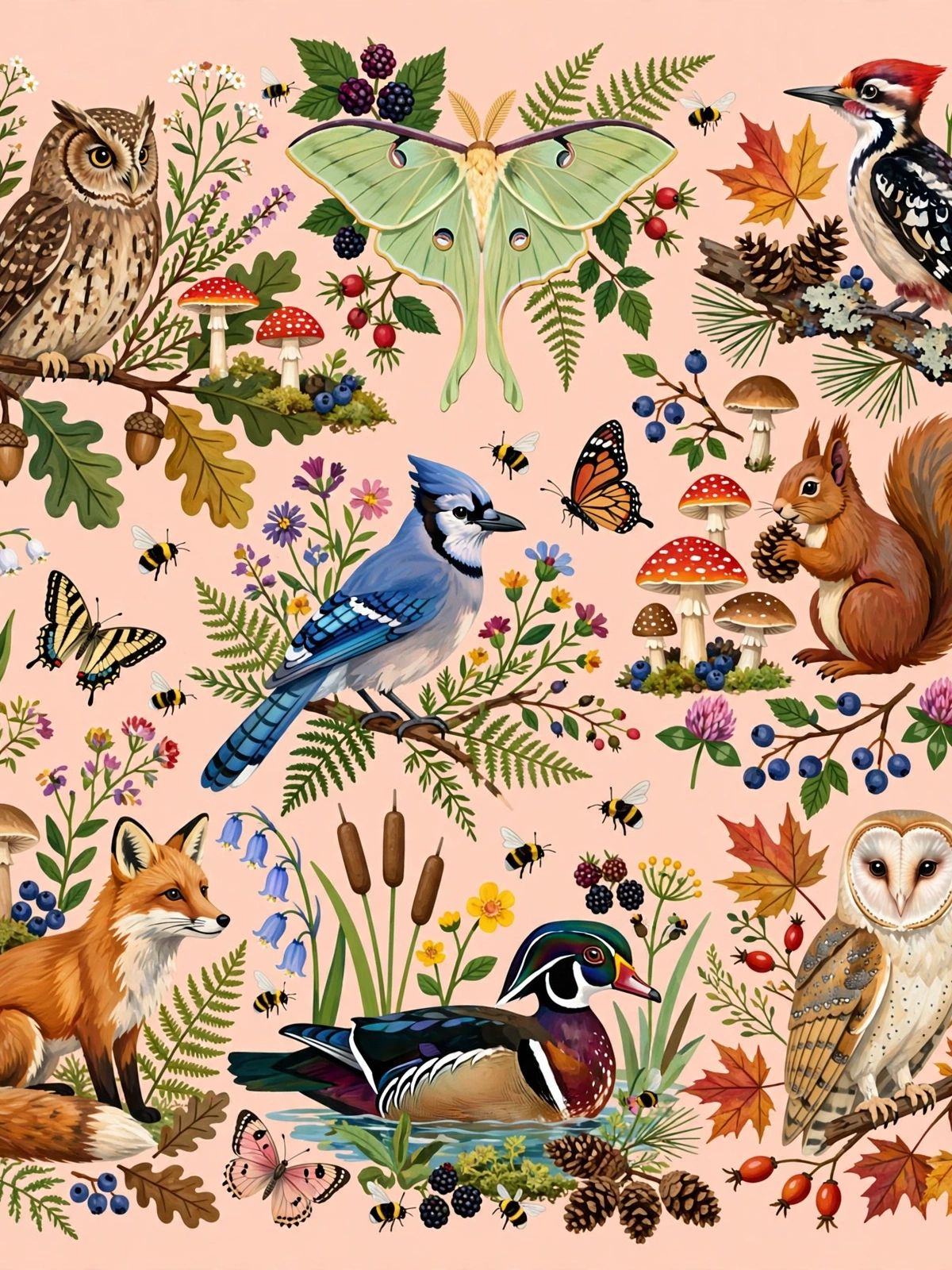 Detailed illustration featuring woodland animals including owls, fox, squirrel, blue jay, and woodpecker, surrounded by autumn leaves, ferns, mushrooms, berries, butterflies, and wildflowers on a peachy background