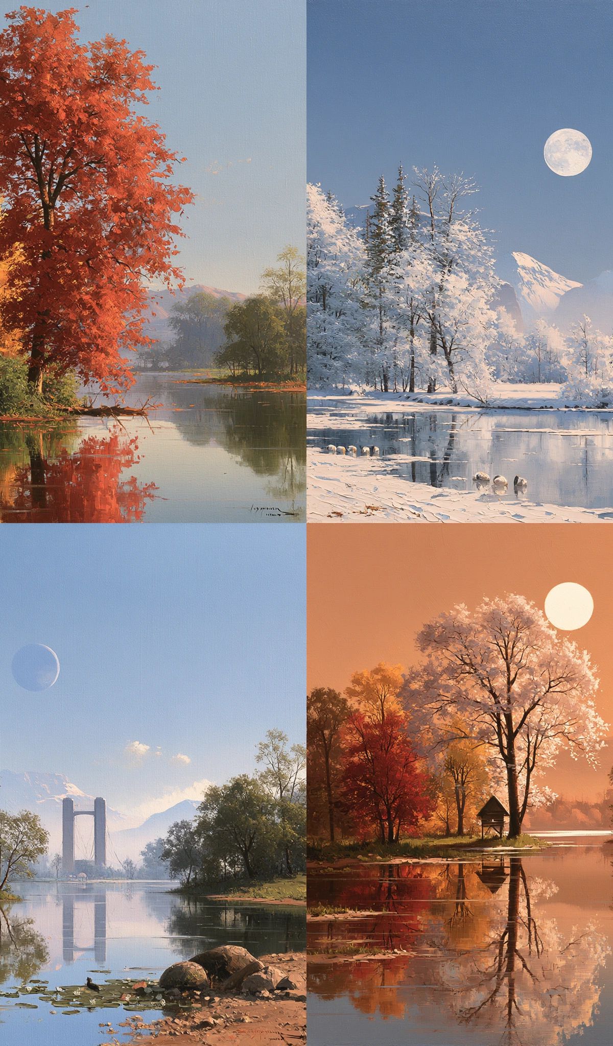 Four-panel artistic landscape showing the same river valley scene in each season: autumn with red and orange trees, winter with snow and full moon, spring with new growth, and summer in golden tones