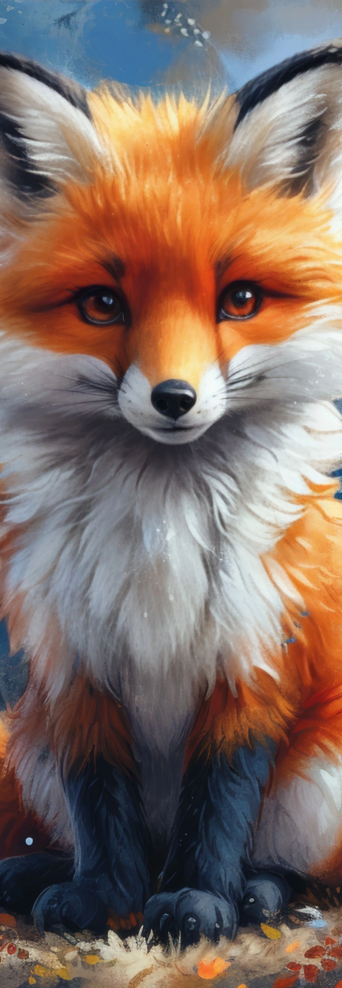 Digital portrait of a red fox with white facial markings and amber eyes, surrounded by autumn foliage and falling leaves against a blue background