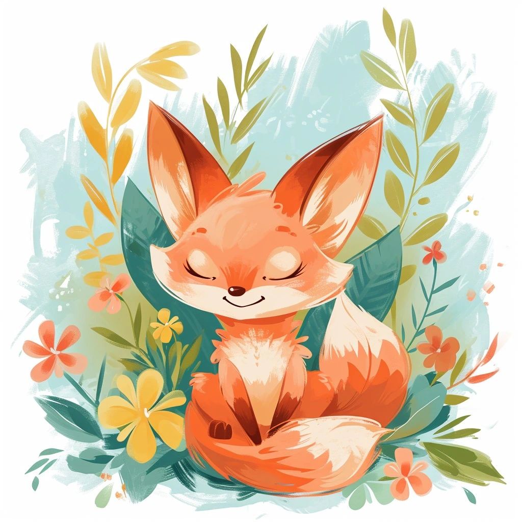 An orange fox with closed eyes and a gentle smile, surrounded by colorful wildflowers, green leaves, and botanical elements in soft watercolor style