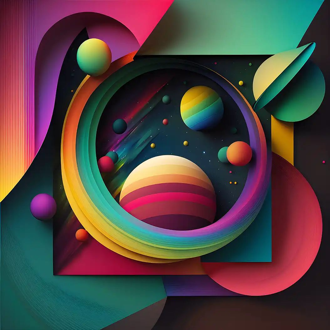 Abstract digital illustration of a rainbow-colored ring framing multiple vibrant planets and spheres against a starry space background.