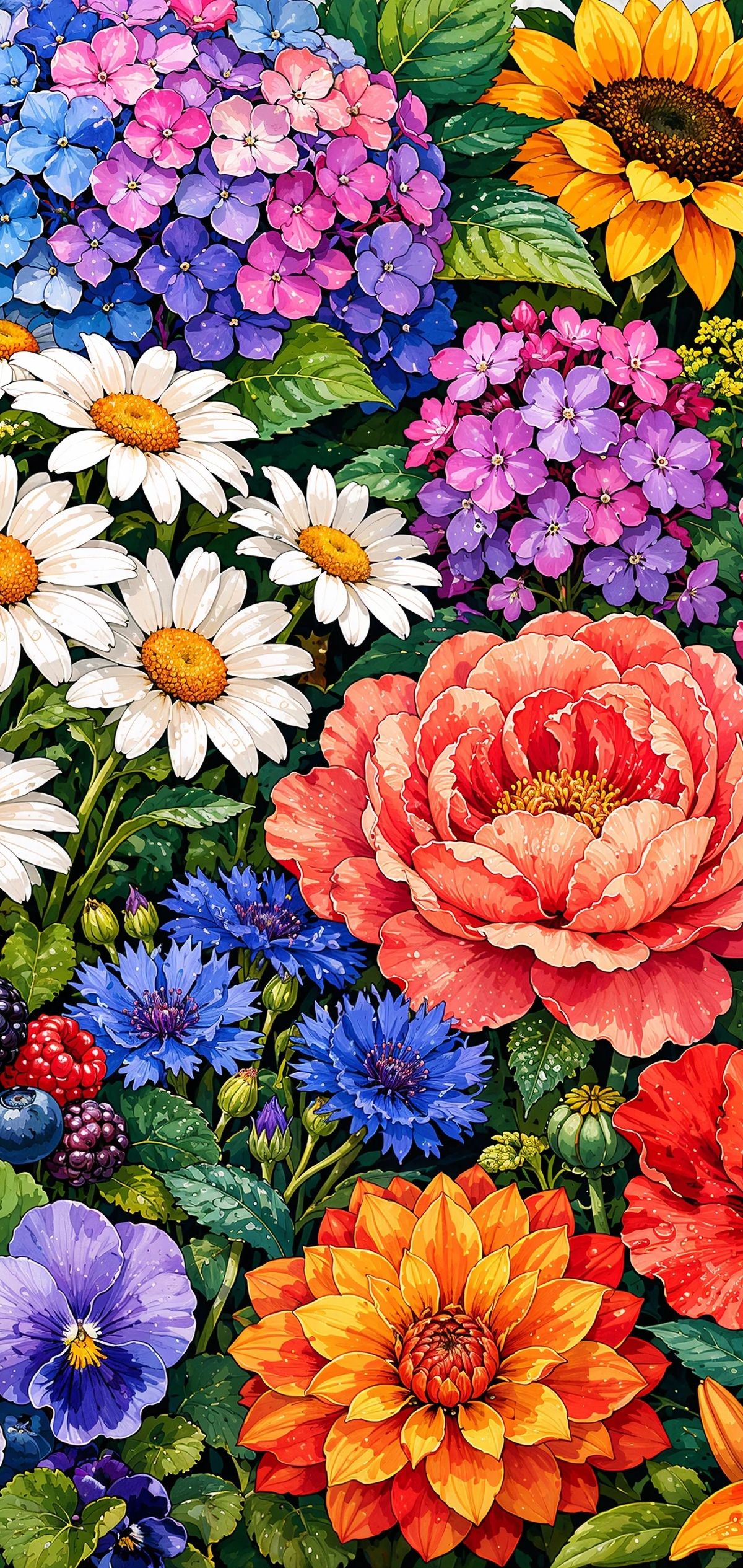 A dense, colorful garden scene filled with various blooming flowers including white daisies, yellow sunflowers, coral peonies, pink hydrangeas, purple pansies, red poppies, orange dahlias, foxgloves, and berries, all surrounded by green foliage.