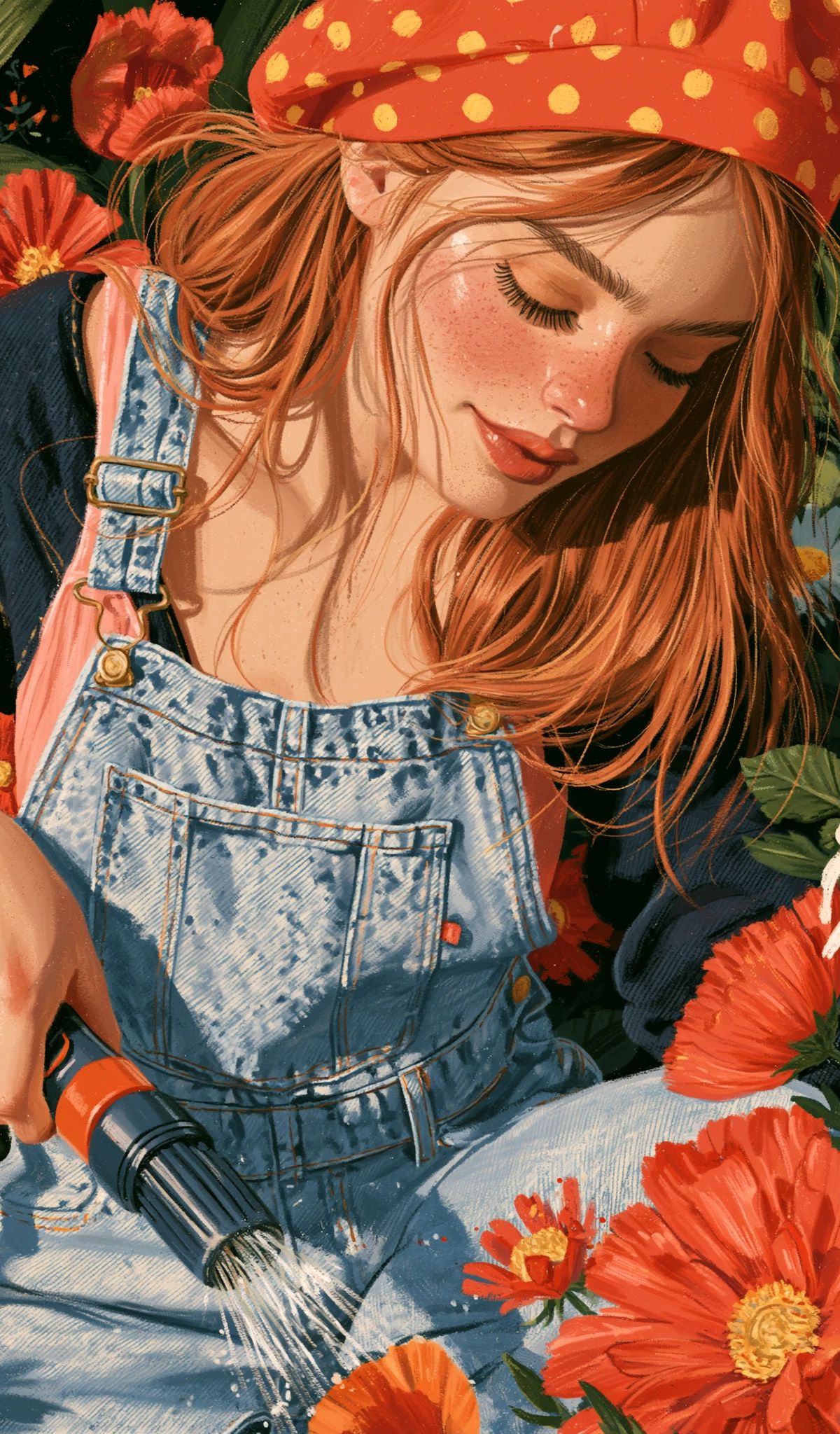 A woman wearing a red polka dot cap and denim overalls holds a paintbrush while kneeling in a colorful garden of red, white, and blue flowers