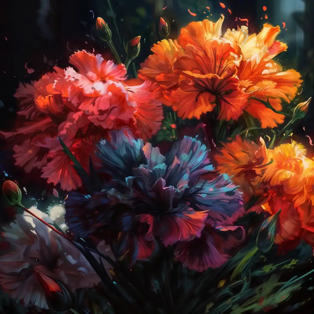 Vibrant digital painting of ruffled carnation flowers in orange, red, blue and pink hues against a dark moody background.