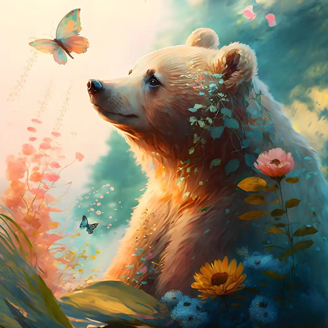 Digital painting of a gentle bear surrounded by flowers and butterflies in a dreamy, sunlit forest setting.