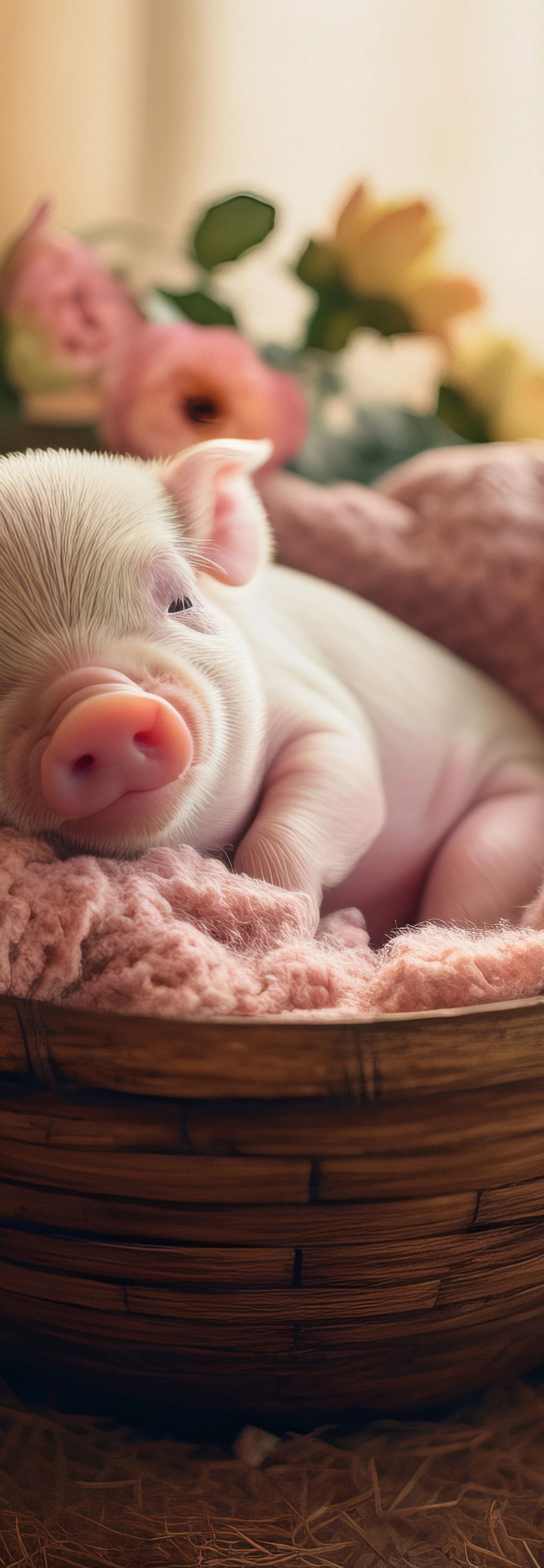 A young white piglet resting in a woven wooden basket with pink fabric, surrounded by colorful flowers including pink gerberas and yellow roses against a soft, blurred background