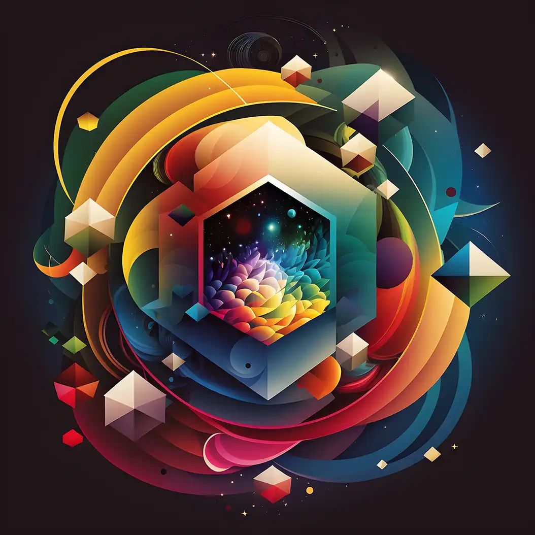 Colorful abstract digital artwork featuring a glowing hexagonal portal with a cosmic flower surrounded by swirling ribbons and floating geometric shapes.