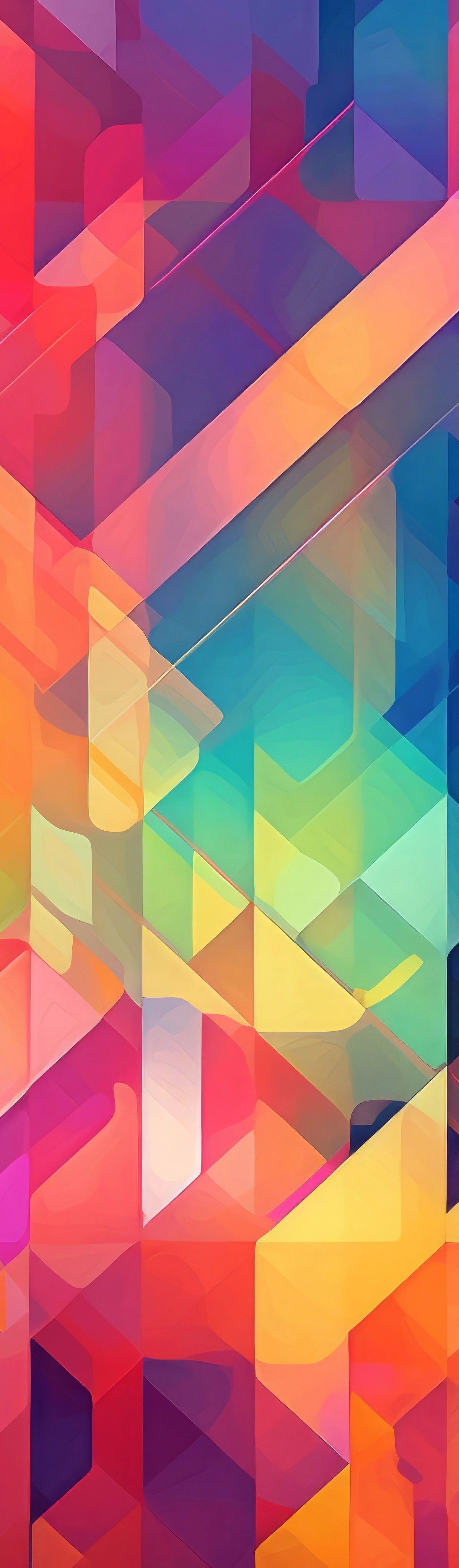 Abstract composition of overlapping geometric rectangular and diamond shapes in shades of pink, coral, yellow, cyan, and purple, creating a sense of depth and light refraction
