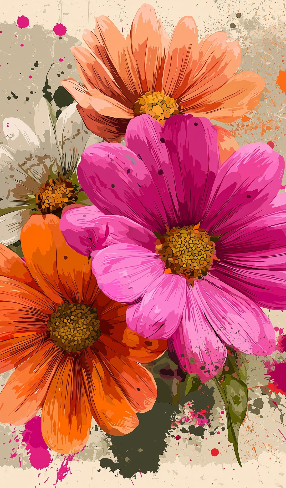Digital illustration of vibrant gerbera daisies in shades of orange, coral, and hot pink with yellow centers, surrounded by paint splatters and watercolor effects on a textured beige background