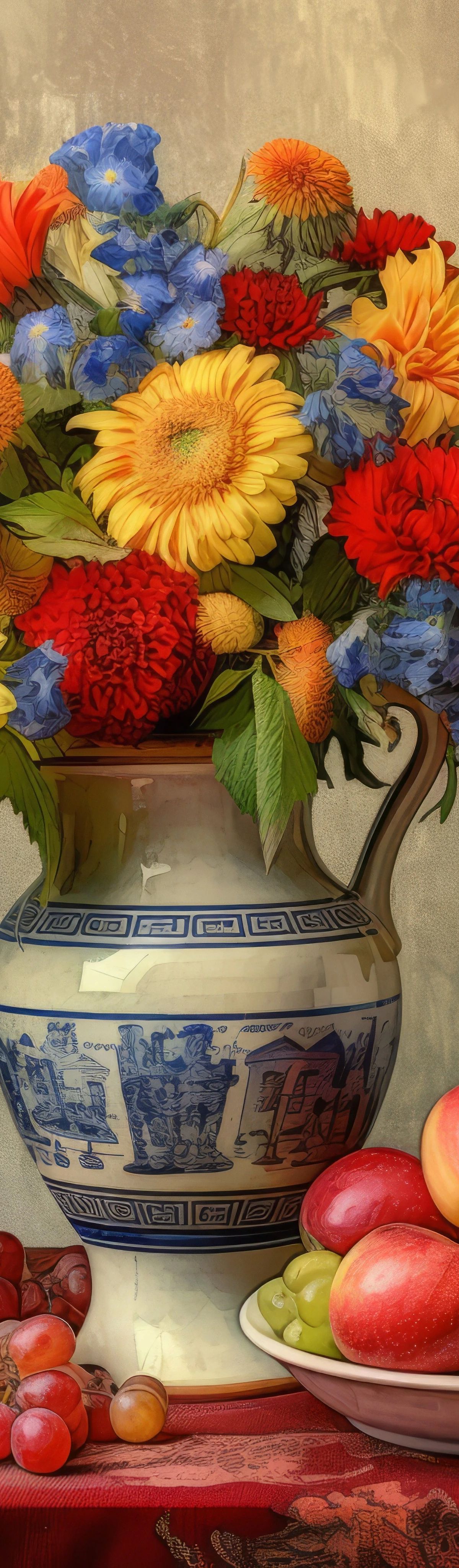 A decorative blue and white vase filled with colorful flowers including yellow sunflowers, red and orange gerberas, and blue forget-me-nots, positioned next to a plate of red apples and grapes on a draped table.