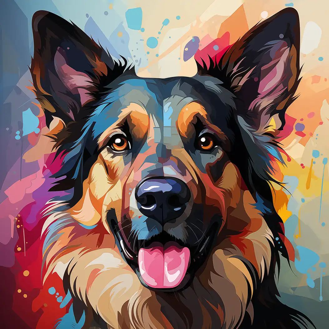 Colorful digital illustration of a German Shepherd's face with vibrant paint splash background and tongue out.