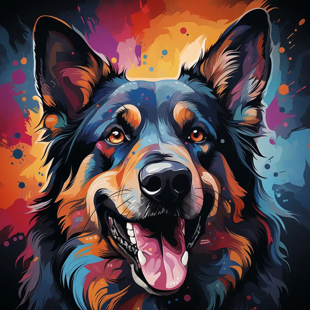Colorful digital illustration of a smiling German Shepherd dog with vibrant paint splash background in orange, pink, and blue hues.