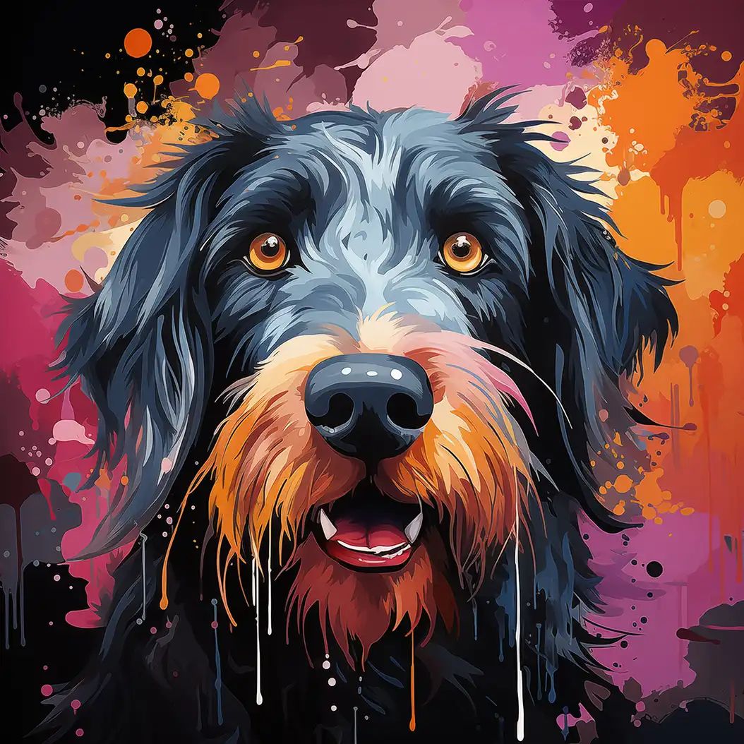 Vivid digital illustration of a giant schnauzer dog's face with shaggy fur against a splattered pink and orange background.