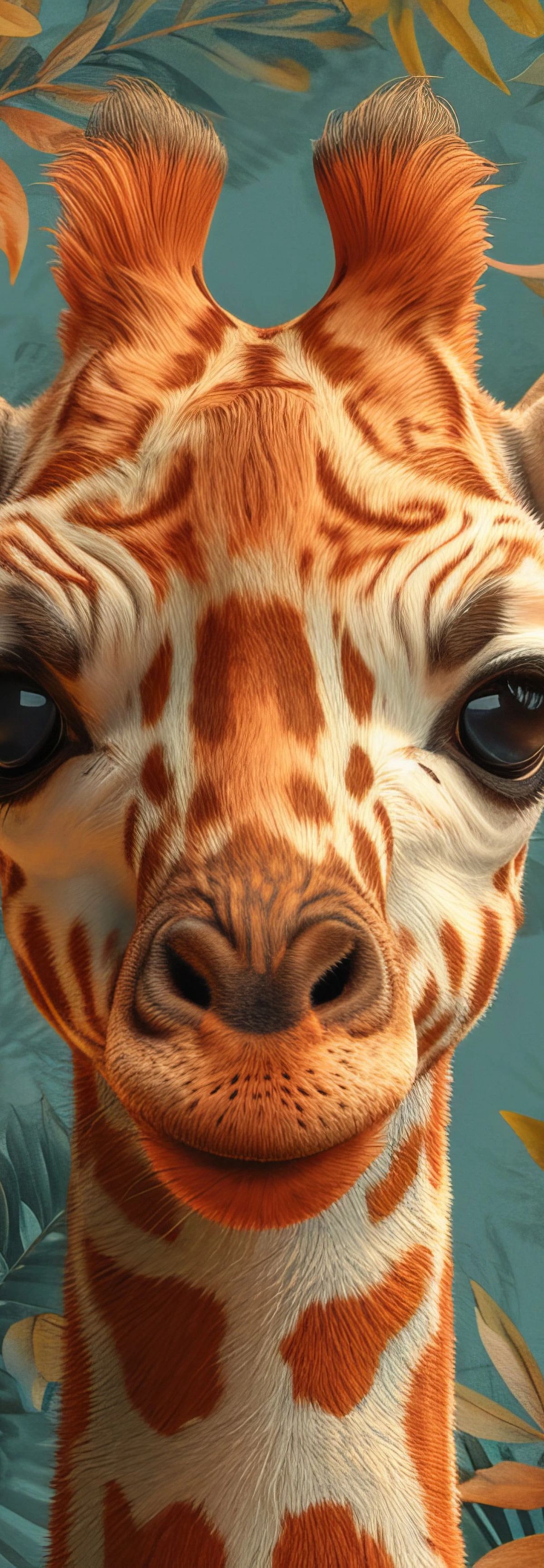 A giraffe's head centered in the frame, with warm orange and cream coloring and distinctive spots, surrounded by red and orange flowers with green foliage on a teal background