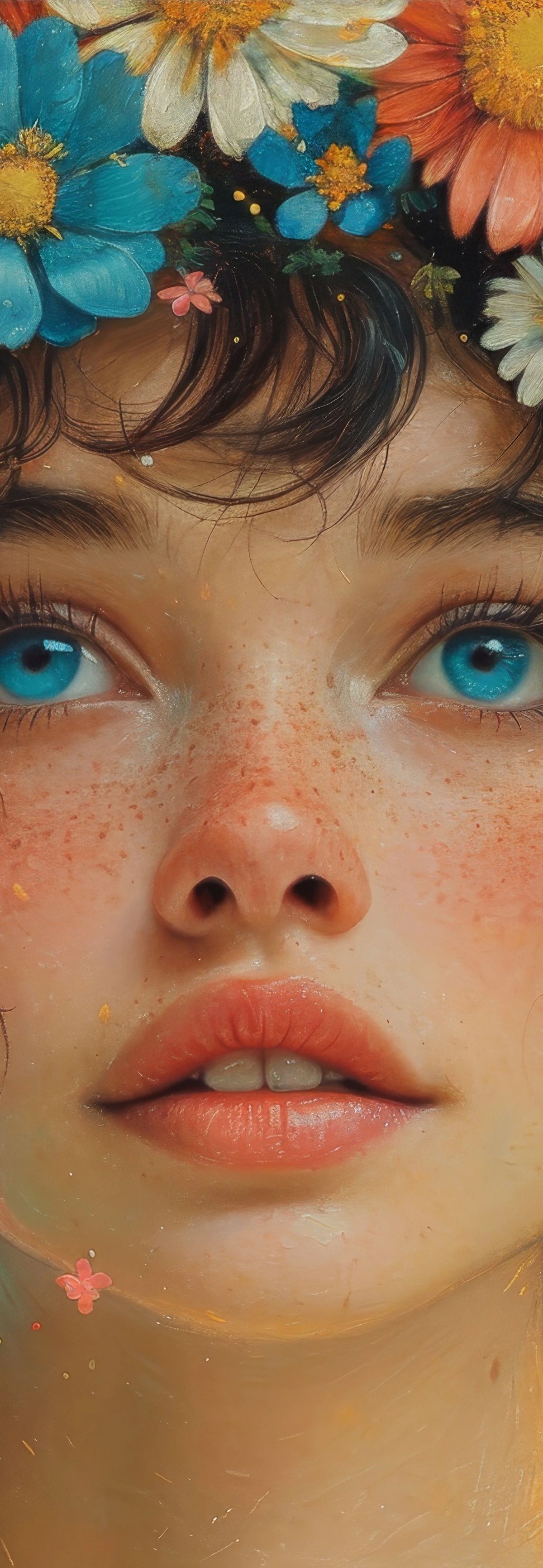 Digital illustration of a girl with blue eyes and freckled face surrounded by colorful daisies, delphiniums, and other flowers in orange, yellow, white, and blue tones