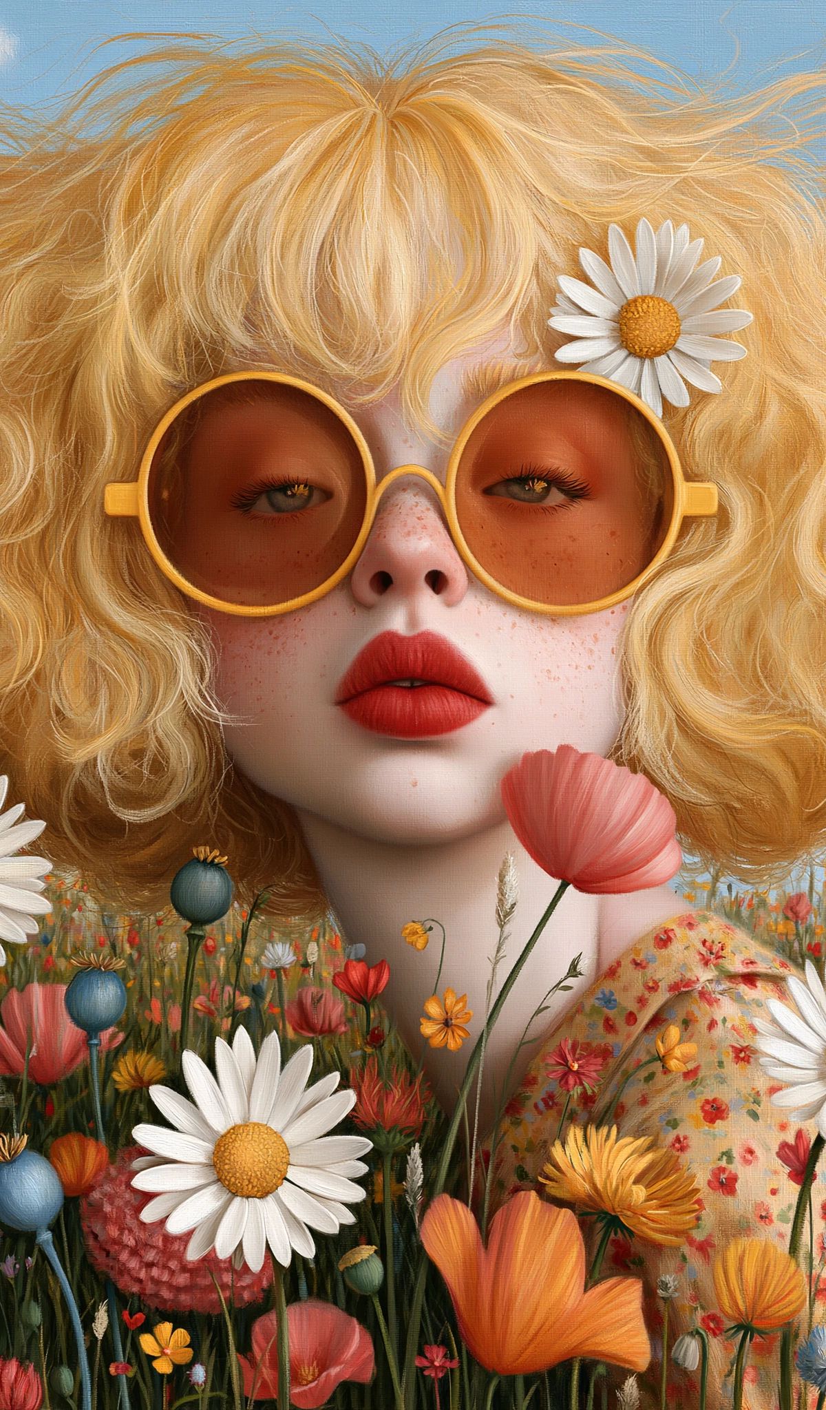 Digital illustration of a pale-skinned figure with wavy blonde hair and yellow circular sunglasses, wearing a colorful floral print outfit, surrounded by a field of red and white wildflowers against a blue sky