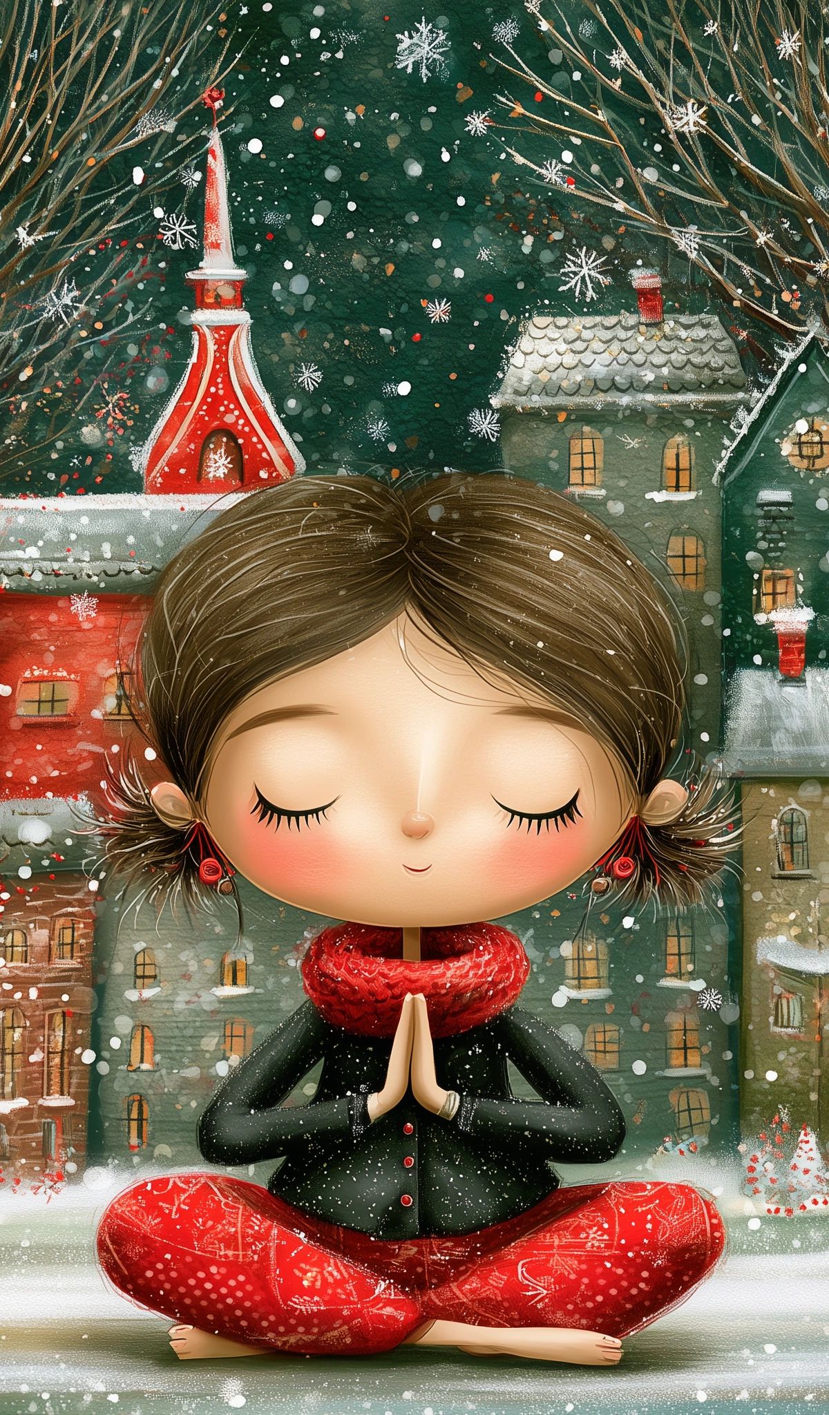 Illustration of a girl with closed eyes sitting cross-legged in meditation clothing before a winter village with red, green, and stone buildings covered in snow and decorated with lights