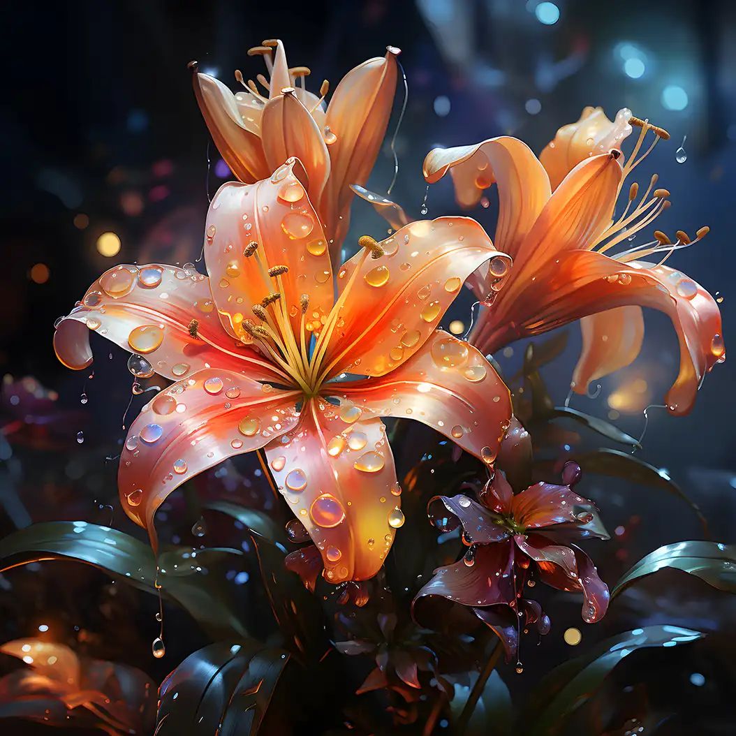 Digitally illustrated orange lily covered in glistening water droplets, glowing against a dark bokeh-lit background.