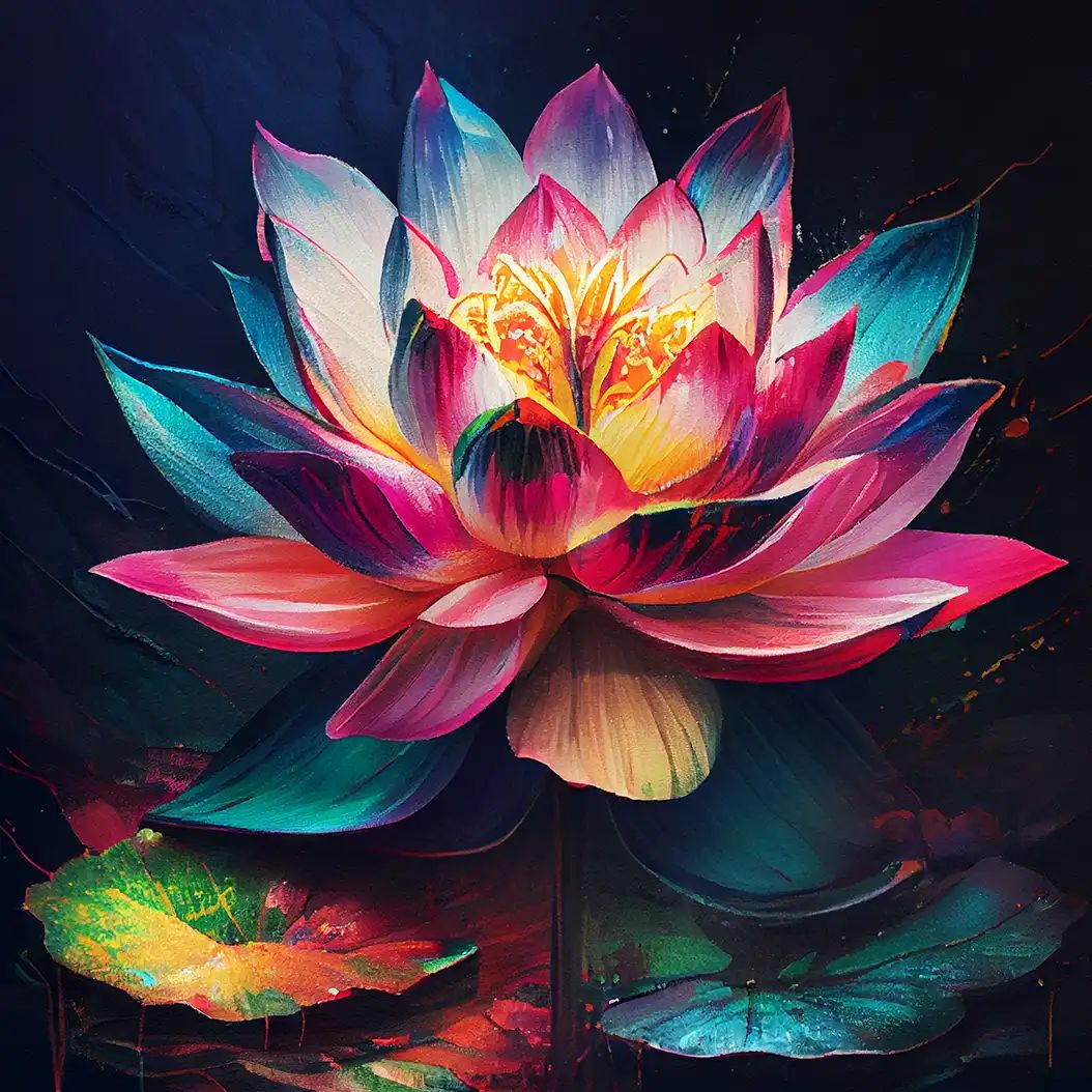 Dreamy digital painting of a glowing lotus water lily floating on dark reflective water.