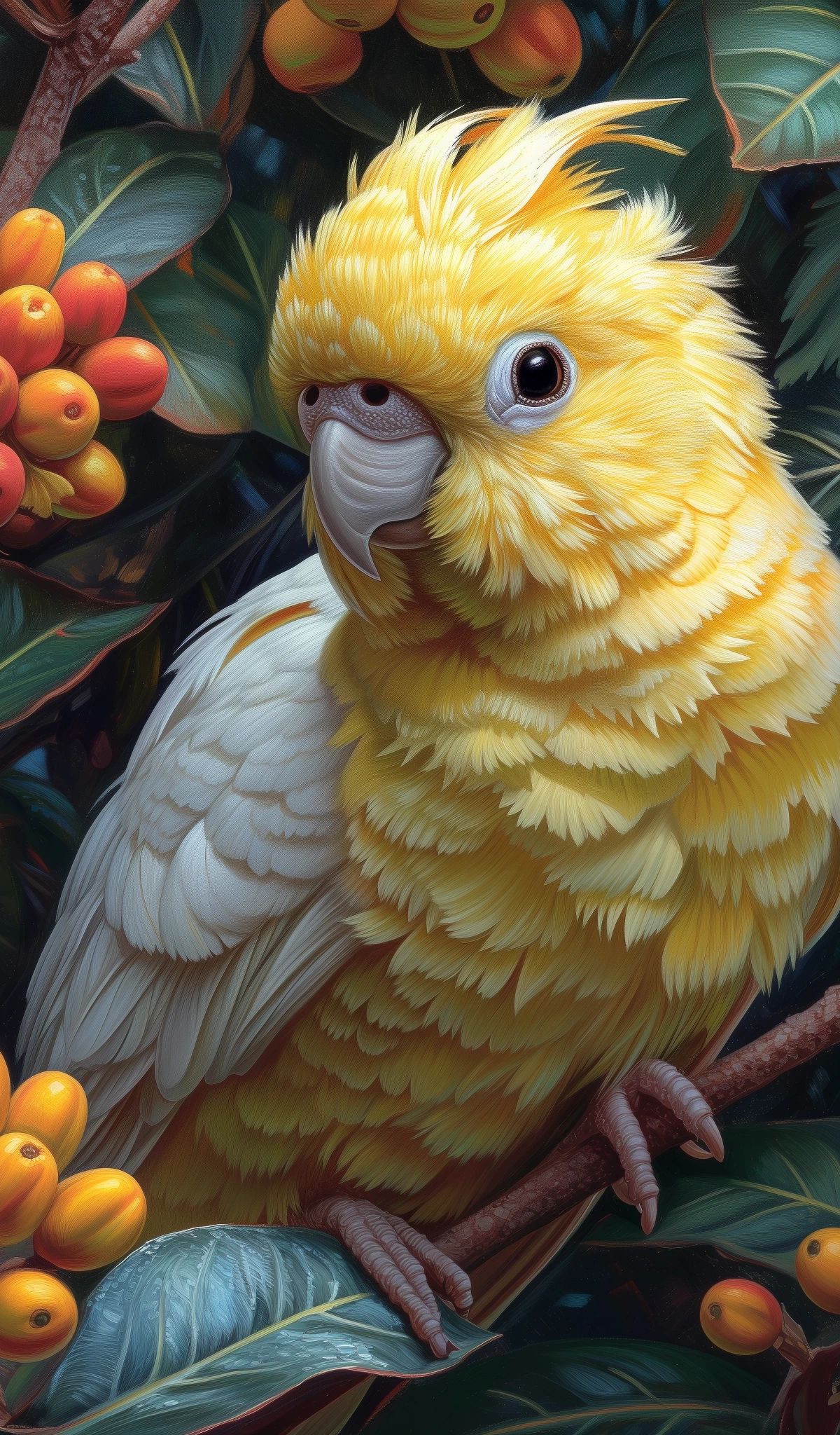 A yellow and white cockatoo with raised crest perched on a branch surrounded by orange berries and green leaves in an illustrated style