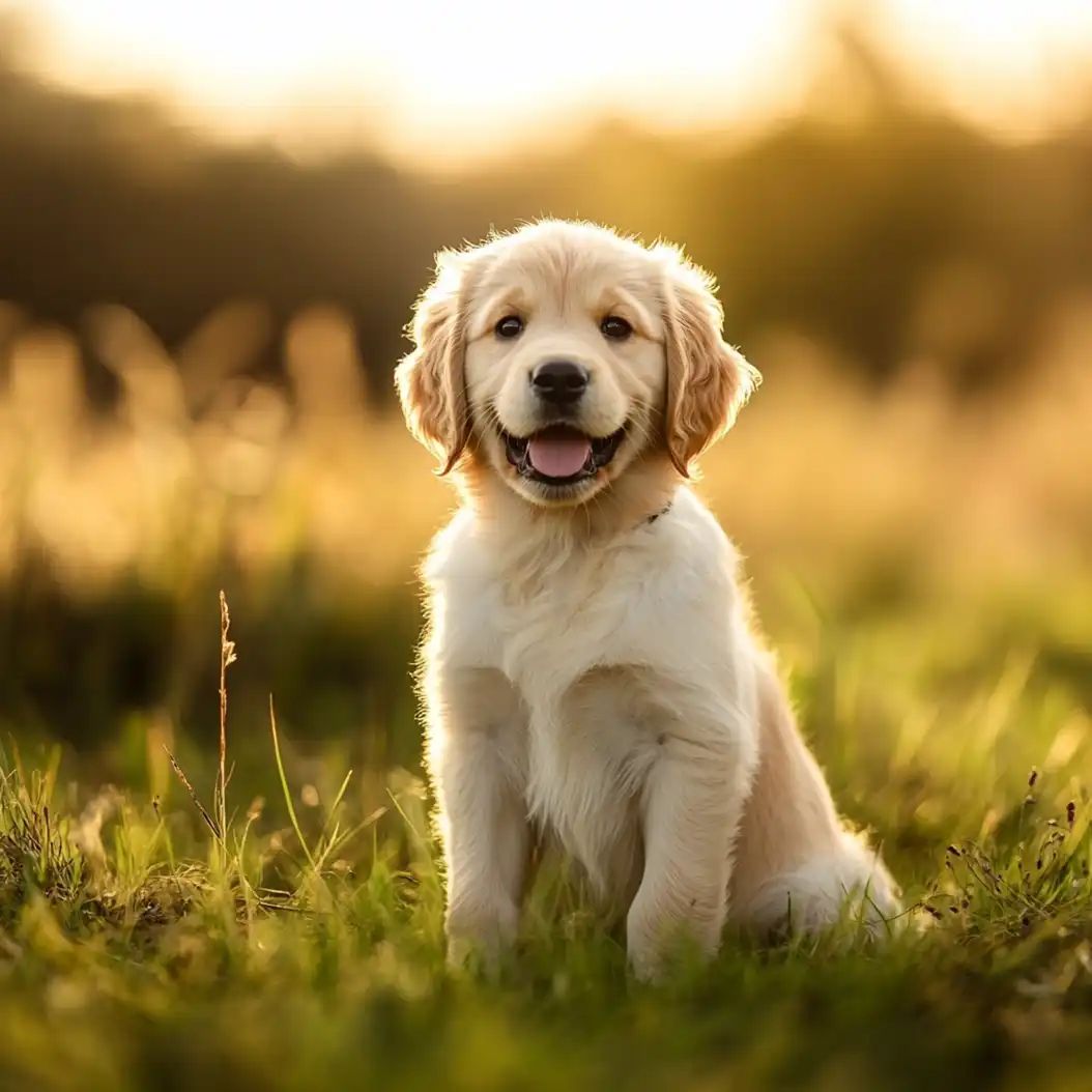 Cute golden retriever puppy sitting in a sunlit field with soft natural background blur.