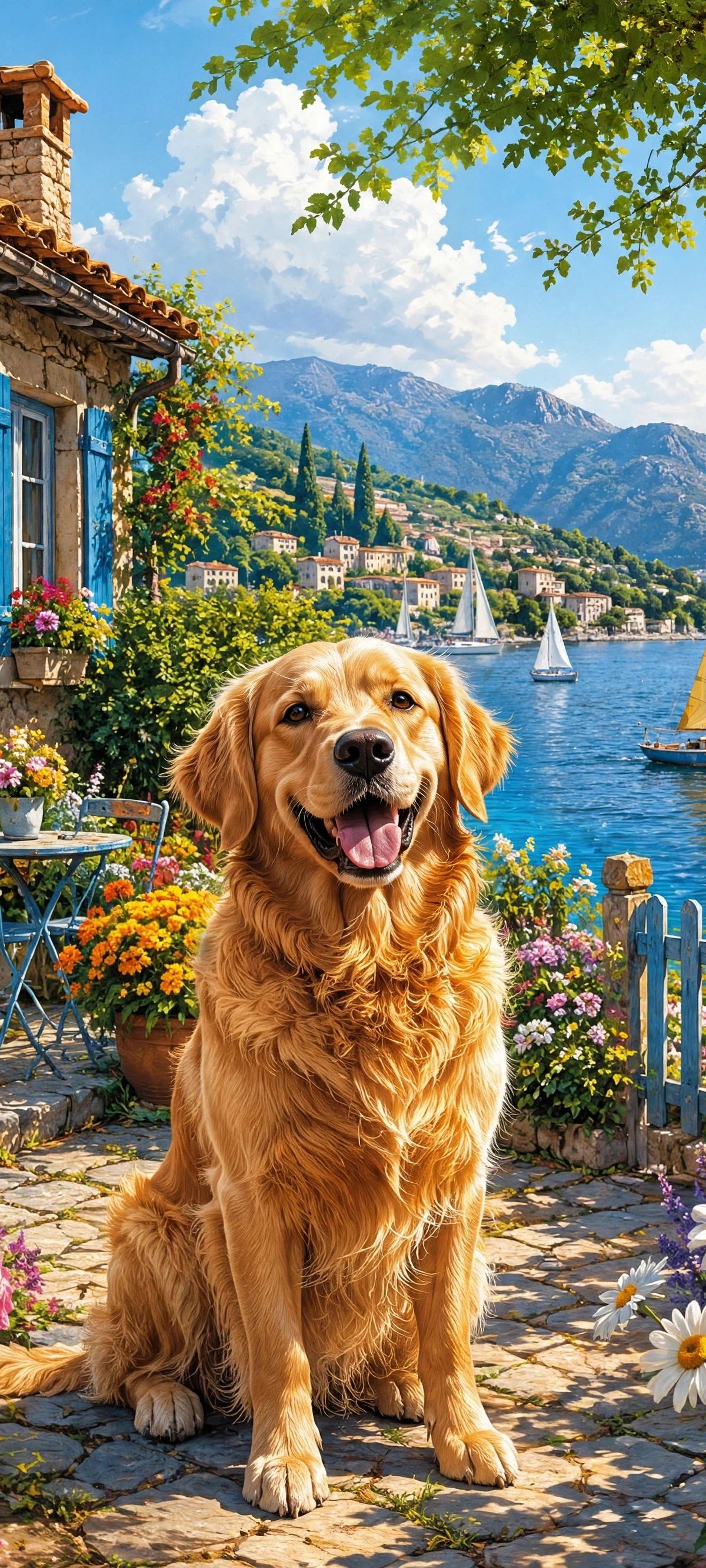 A golden retriever sitting in a colorful Mediterranean garden courtyard with pink and purple flowers, stone cottage with blue doors and shutters, and a lake with sailboats and mountains in the background