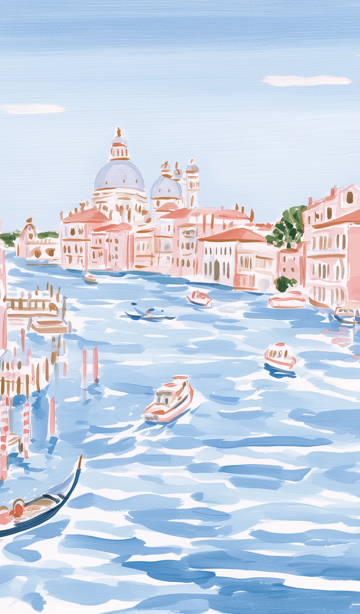 Painted illustration of Venice's Grand Canal with gondolas, historic pink buildings lining both sides, and a white-domed basilica in the background under a light blue sky