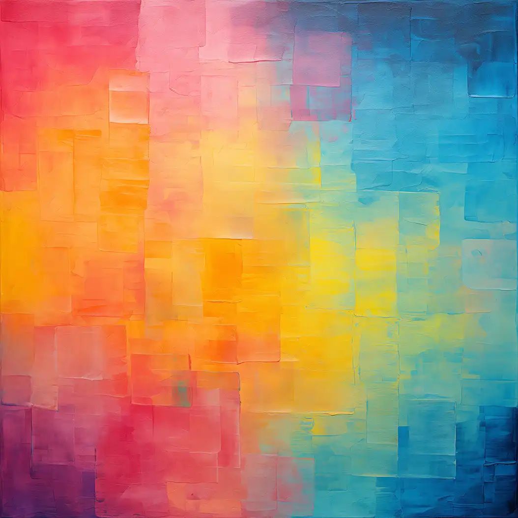An abstract painting featuring a smooth gradient of pink, orange, yellow, and blue blended across a textured block-patterned canvas.