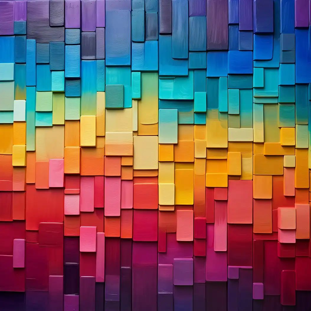 Abstract mosaic of colorful rectangular blocks arranged in a smooth gradient from purple and blue to yellow, pink, and red.