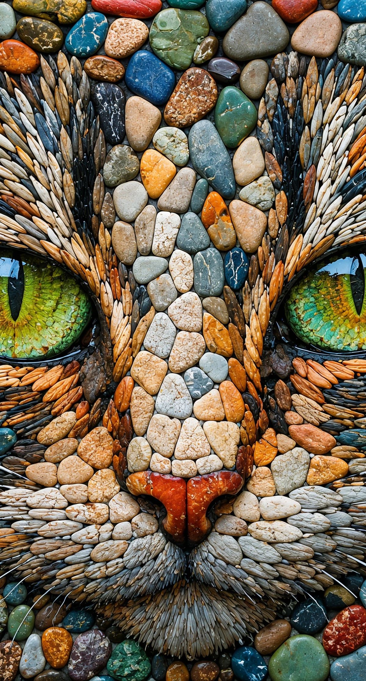 A cat's face made of colorful stones and pebbles, featuring bright green eyes with vertical pupils, an orange nose, and detailed fur texture created from tan, black, and white stones arranged in a mosaic pattern.