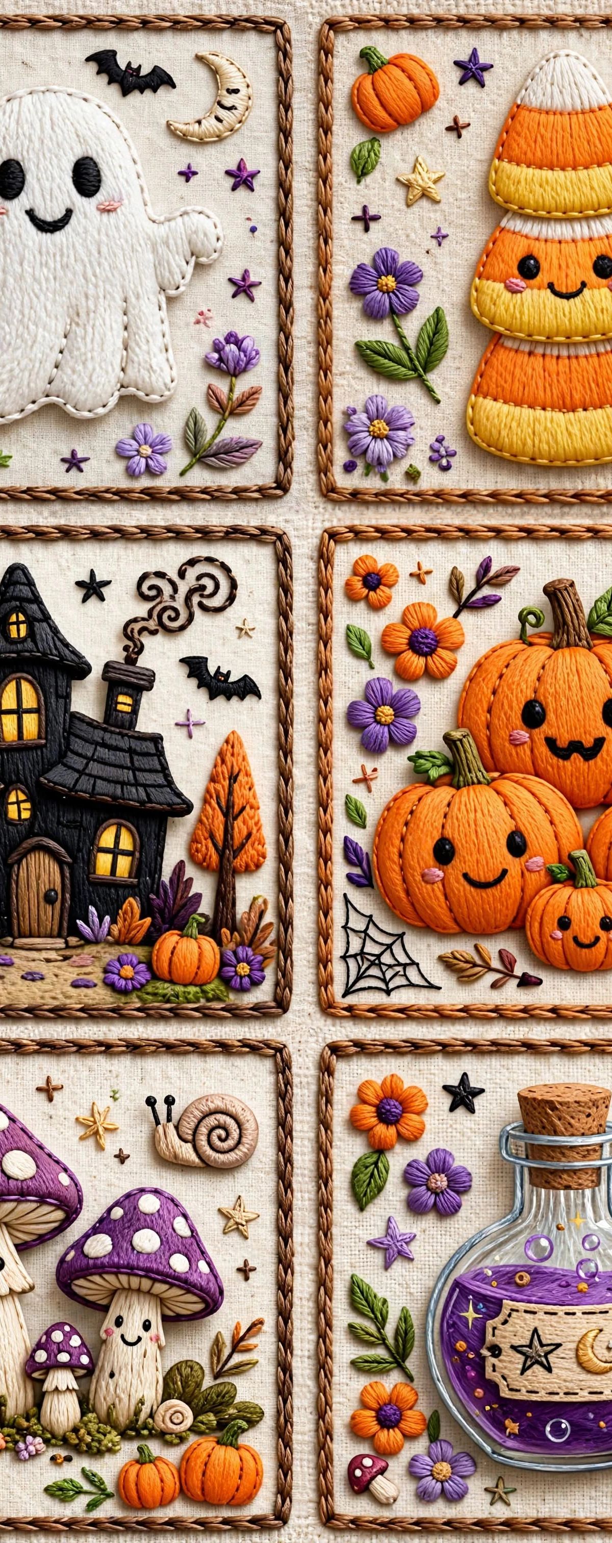 A 4x4 grid of embroidered Halloween squares featuring jack-o'-lanterns, ghosts, witch hats, black cats, a haunted house, candy corn, mushrooms, potion bottles, bats, and a crescent moon, each surrounded by autumn flowers and decorative stitching