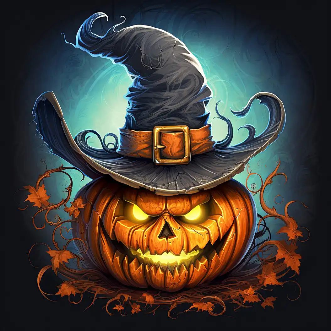 Glowing jack-o’-lantern wearing a witch hat in a magical Halloween-themed fantasy illustration.