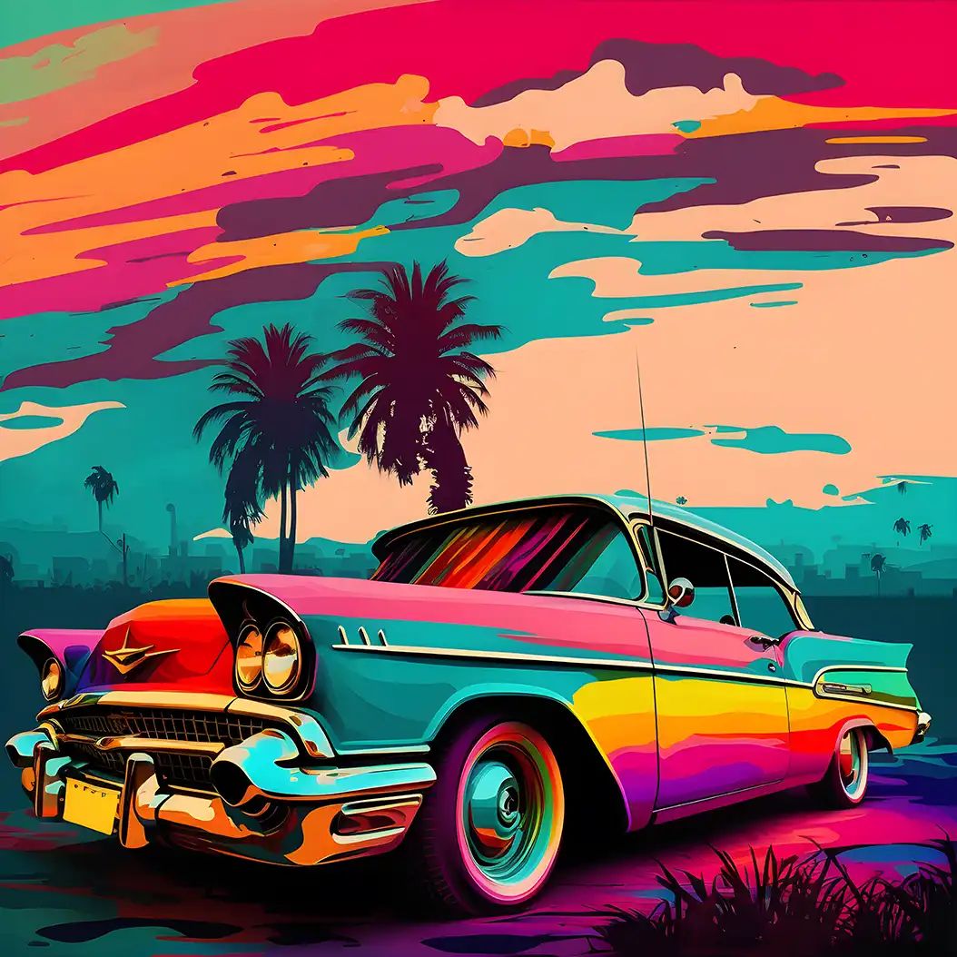 Colorful digital illustration of a classic vintage car parked beneath palm trees under a vibrant pink and teal sunset sky.