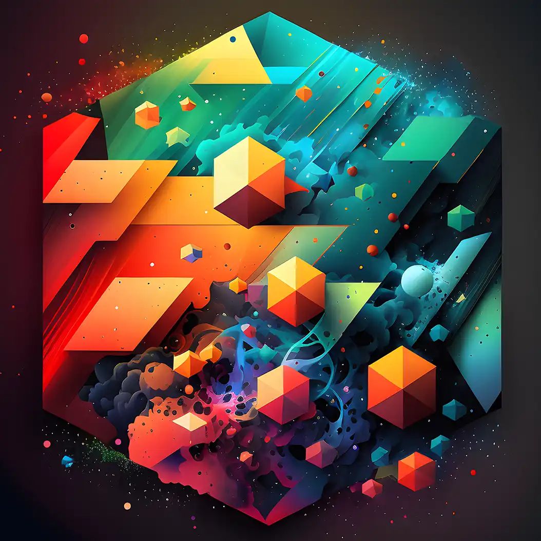 Abstract digital illustration of a large hexagon filled with colorful 3D cubes, shards, and particles in orange, teal, and red tones.