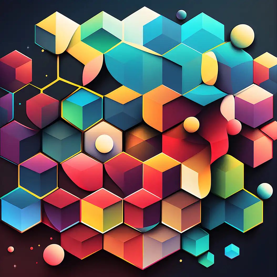 A vibrant digital illustration of three-dimensional hexagonal cubes in bold red, blue, yellow, and teal gradients forming a honeycomb pattern.