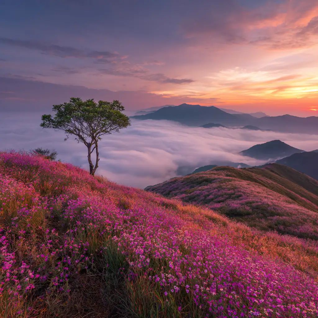 A solitary tree on a hill covered in pink flowers overlooks a cloud-filled valley with mountains and a colorful sunset sky.