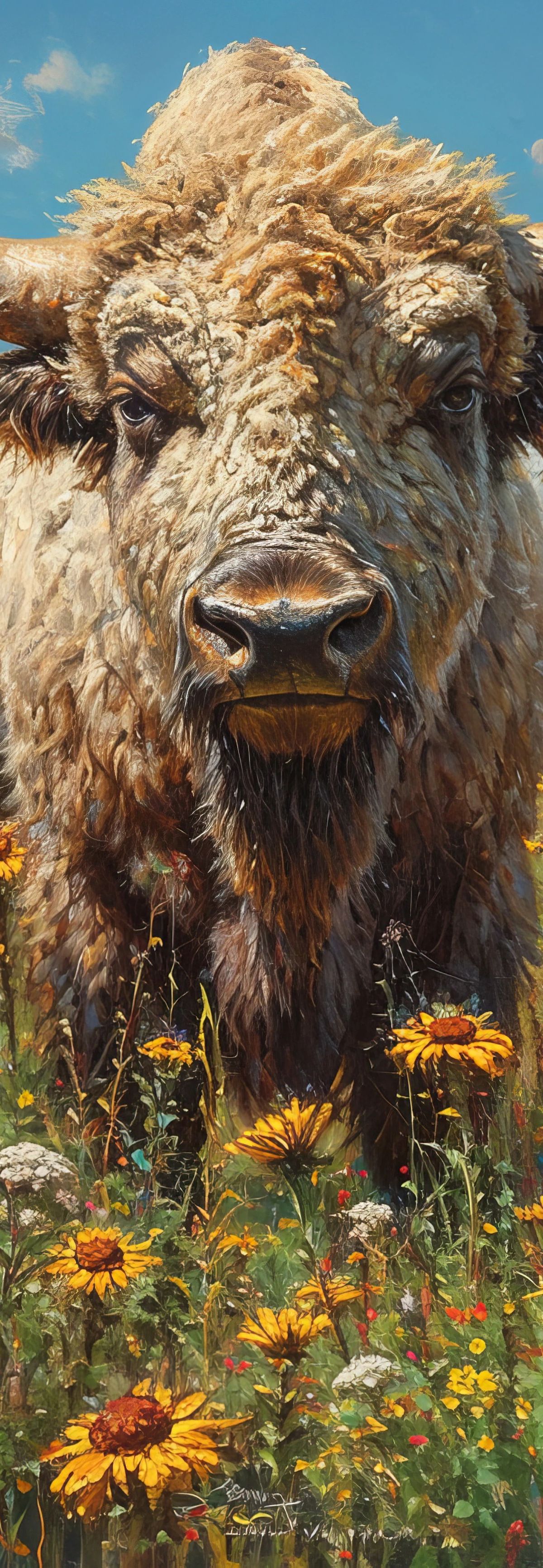 A horned Highland bull with long horns and thick woolly coat standing in a colorful wildflower meadow full of sunflowers and daisies, with blue sky and clouds above