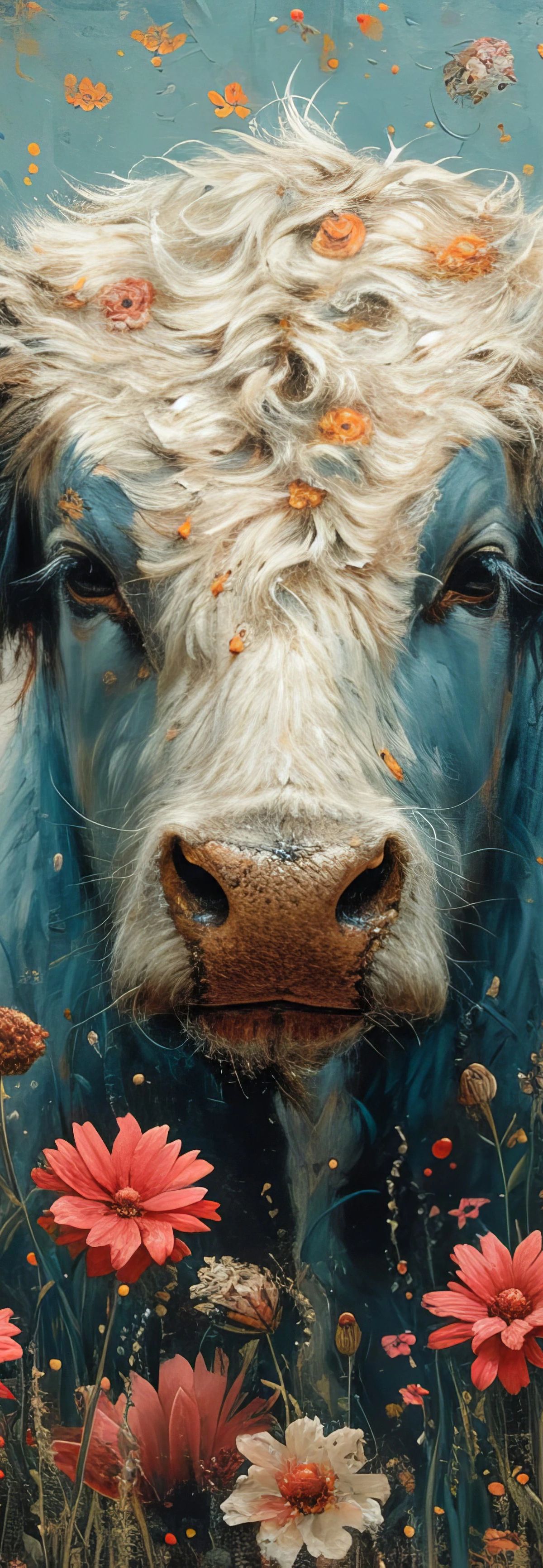 A Highland cattle with long curved horns and white shaggy hair on face, dark blue body, standing in a field of coral and pink daisies with petals floating in the air against a muted teal background