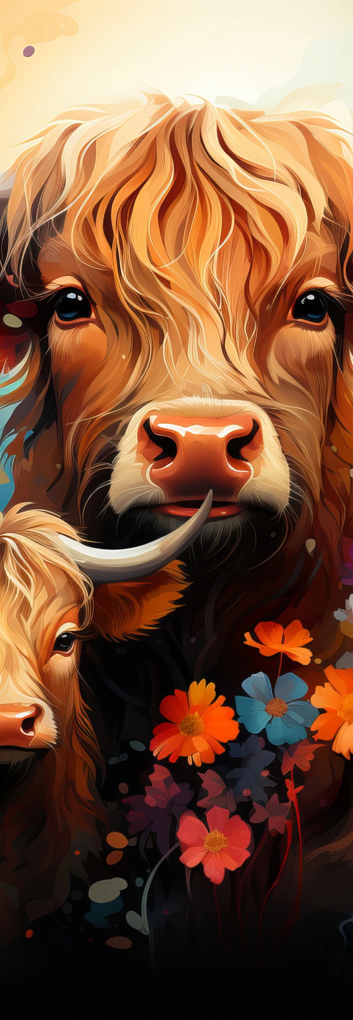Digital illustration of a mother Highland cattle with long horns and a young calf surrounded by colorful wildflowers in warm tones against a glowing sky