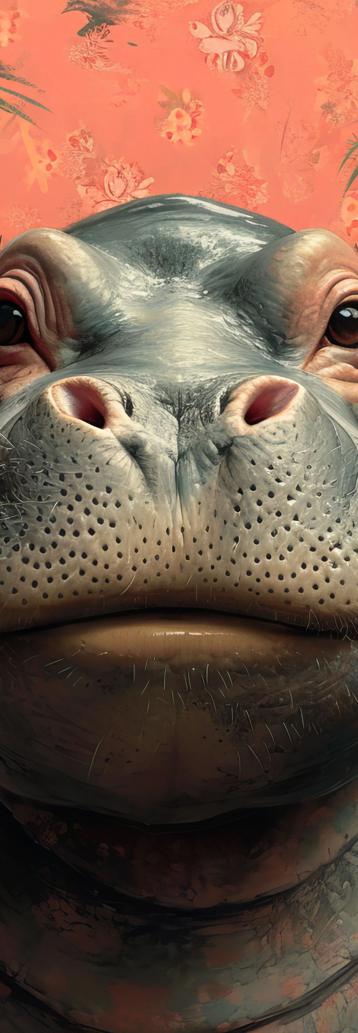 A hippo with a gentle expression surrounded by coral and orange flowers with green palm-like leaves on a textured coral-colored background